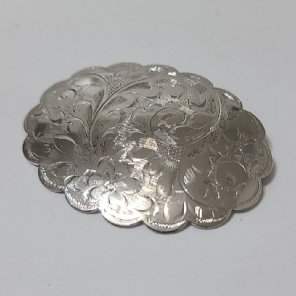 Vintage Sterling Silver Floral Etched Engraved Scalloped Oval Brooch Pin